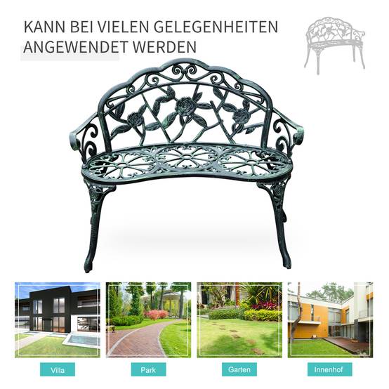 Banc de jardin 2 places en métal, style rétro motif floral, 100x54x78 cm, charge 240 kg, vert antique - Image 9