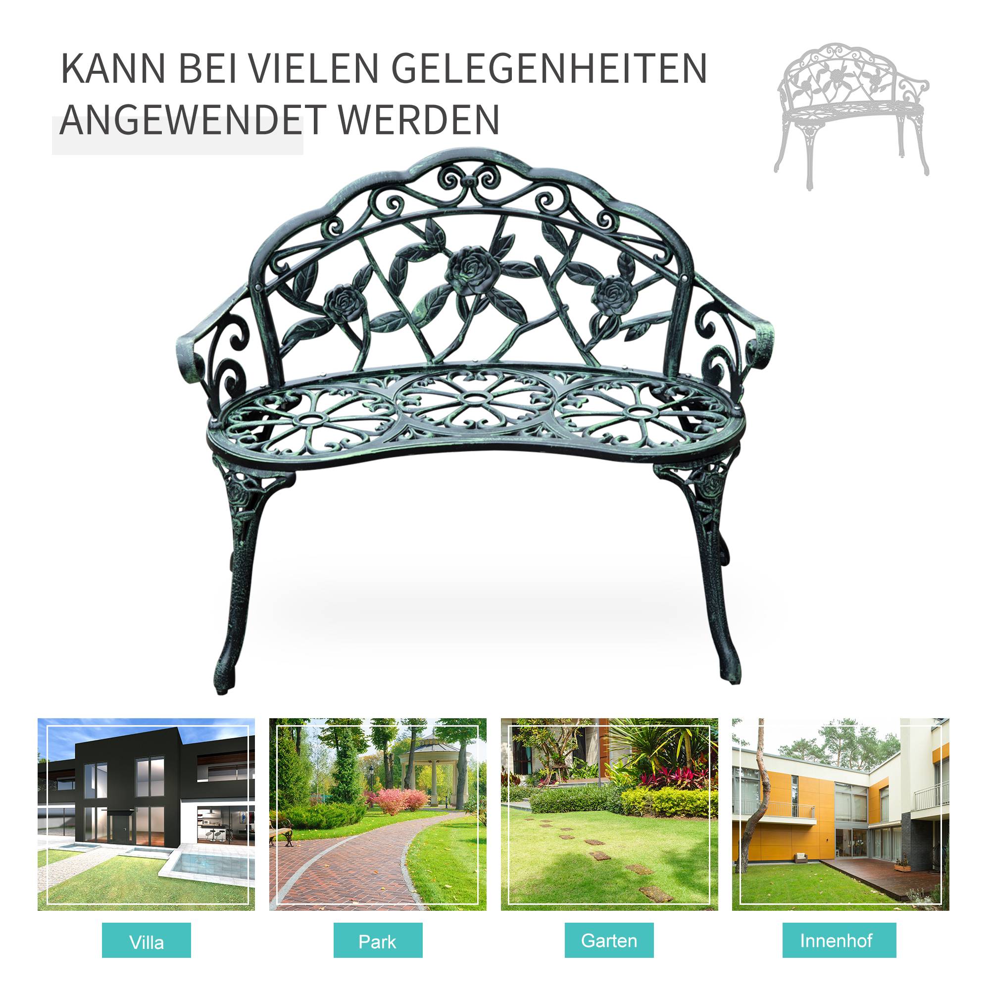 Banc de jardin 2 places en métal, style rétro motif floral, 100x54x78 cm, charge 240 kg, vert antique - Image 9