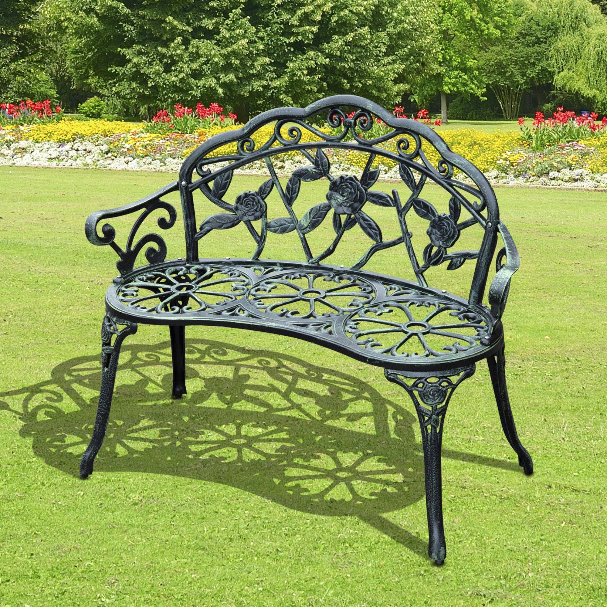 Banc de jardin 2 places en métal, style rétro motif floral, 100x54x78 cm, charge 240 kg, vert antique - Image 4