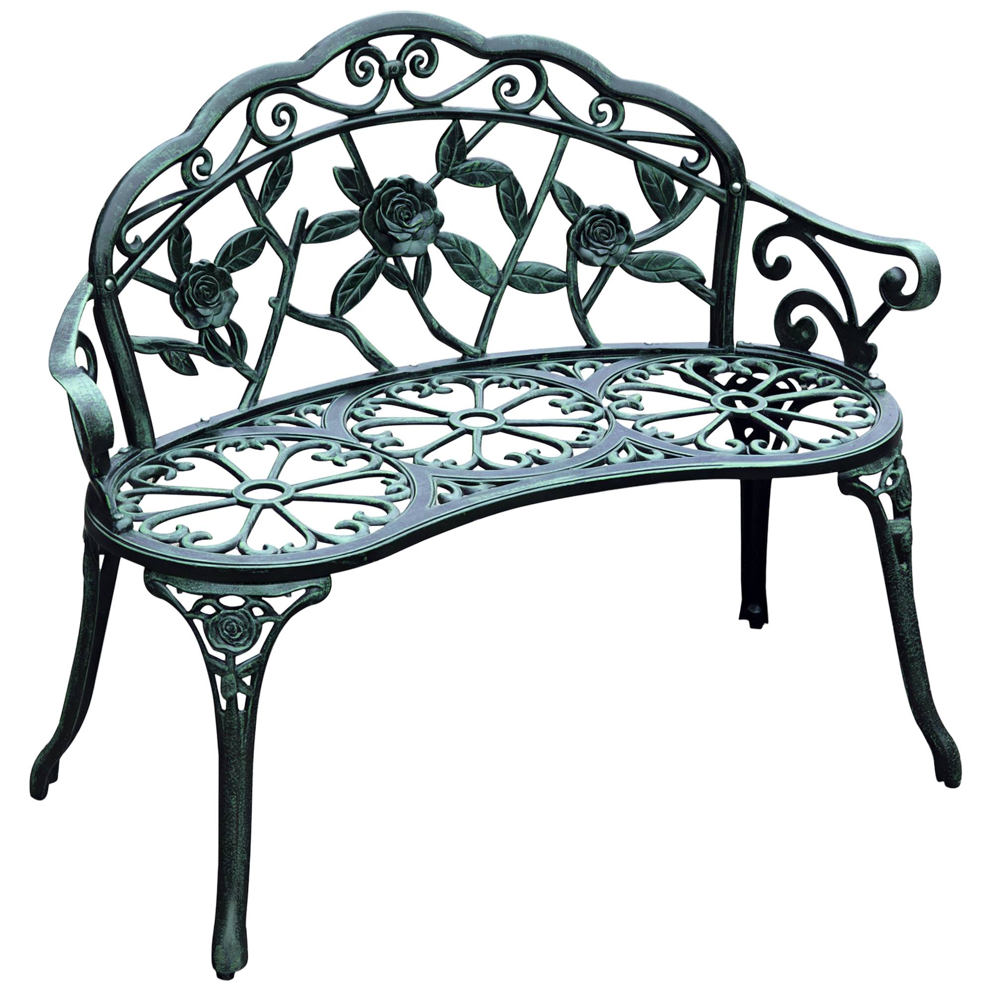 Banc de jardin 2 places en métal, style rétro motif floral, 100x54x78 cm, charge 240 kg, vert antique - Image 1