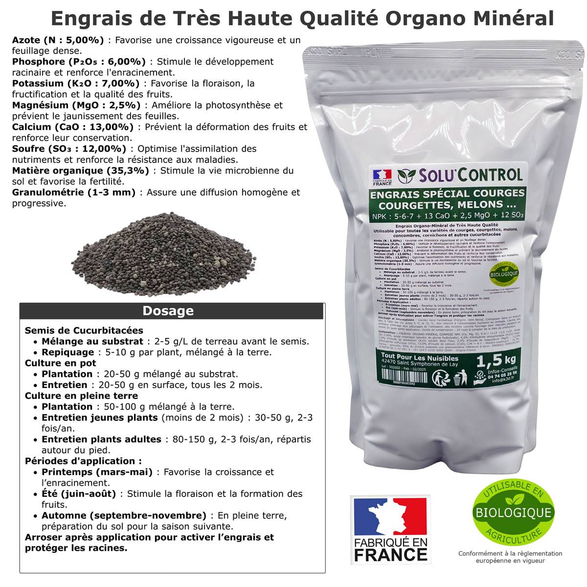 SOLU’CONTROL - 1,5 kg d'Engrais Spécial Courges, Courgettes et autres cucurbitacées - Formulation haute qualité Organo-Minerale - Image 2