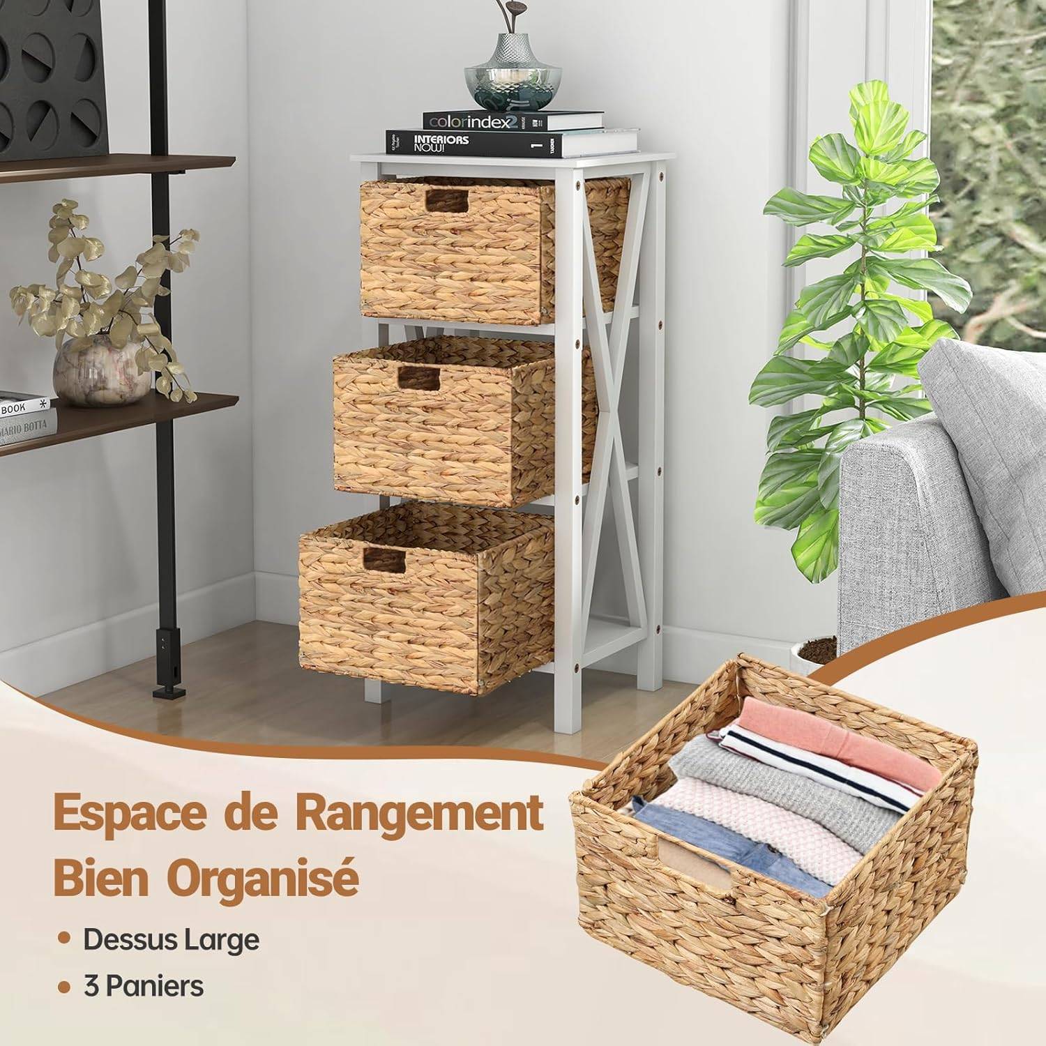 Table de Chevet 3 Niveaux, Table de Nuit avec 2 Paniers en Herbe Marine, 36x30x57cm (4 Niveaux, 2) - Imagen 6