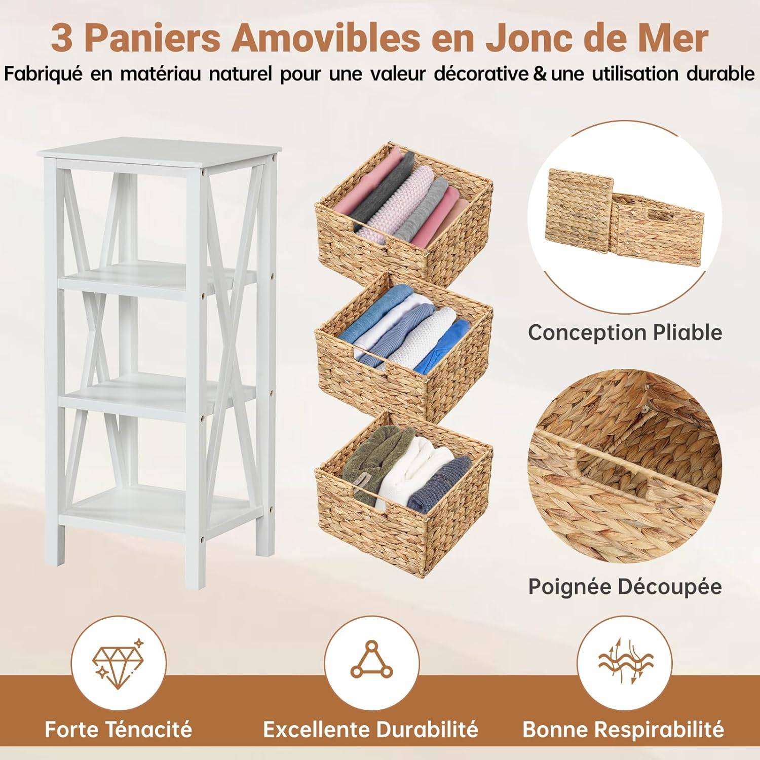 Table de Chevet 3 Niveaux, Table de Nuit avec 2 Paniers en Herbe Marine, 36x30x57cm (4 Niveaux, 2) - Imagen 7