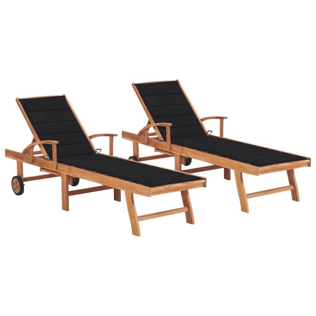 Helloshop26 - Lot de 2 transats chaise longue bain de soleil lit de jardin terrasse meuble d'extérieur avec coussin noir bois de teck solide - Imagen 1