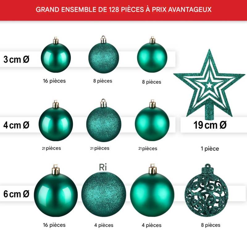 BB Loisir - Boules de Noël Vertes Décorations de sapin Coffret de 128 pièces inclus ètoile de sapin-5 cartes - Image 2