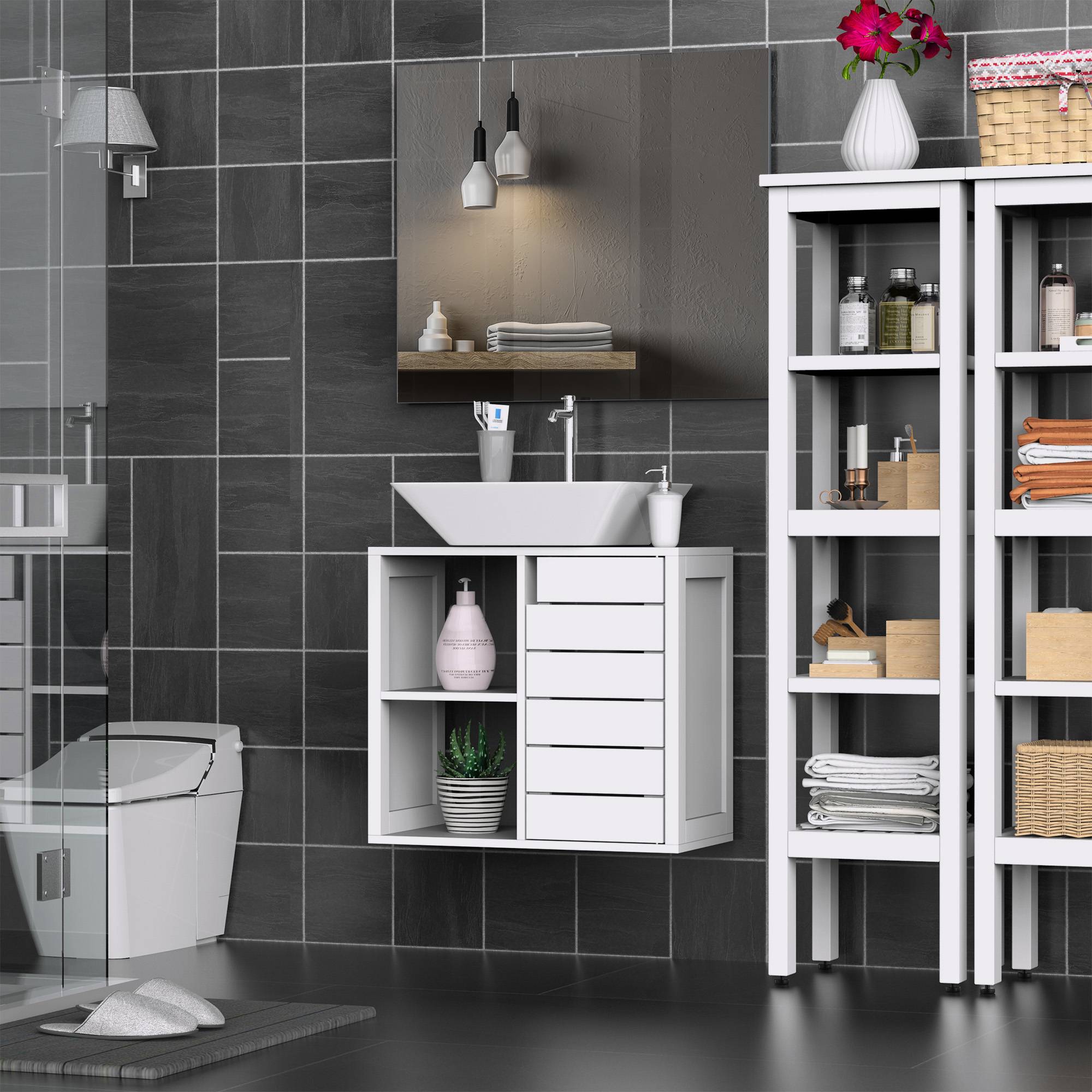 Sans Marque - Meuble vasque mural compact 2 étagères ouvertes espace fermé 60x30x54 cm blanc - Image 2