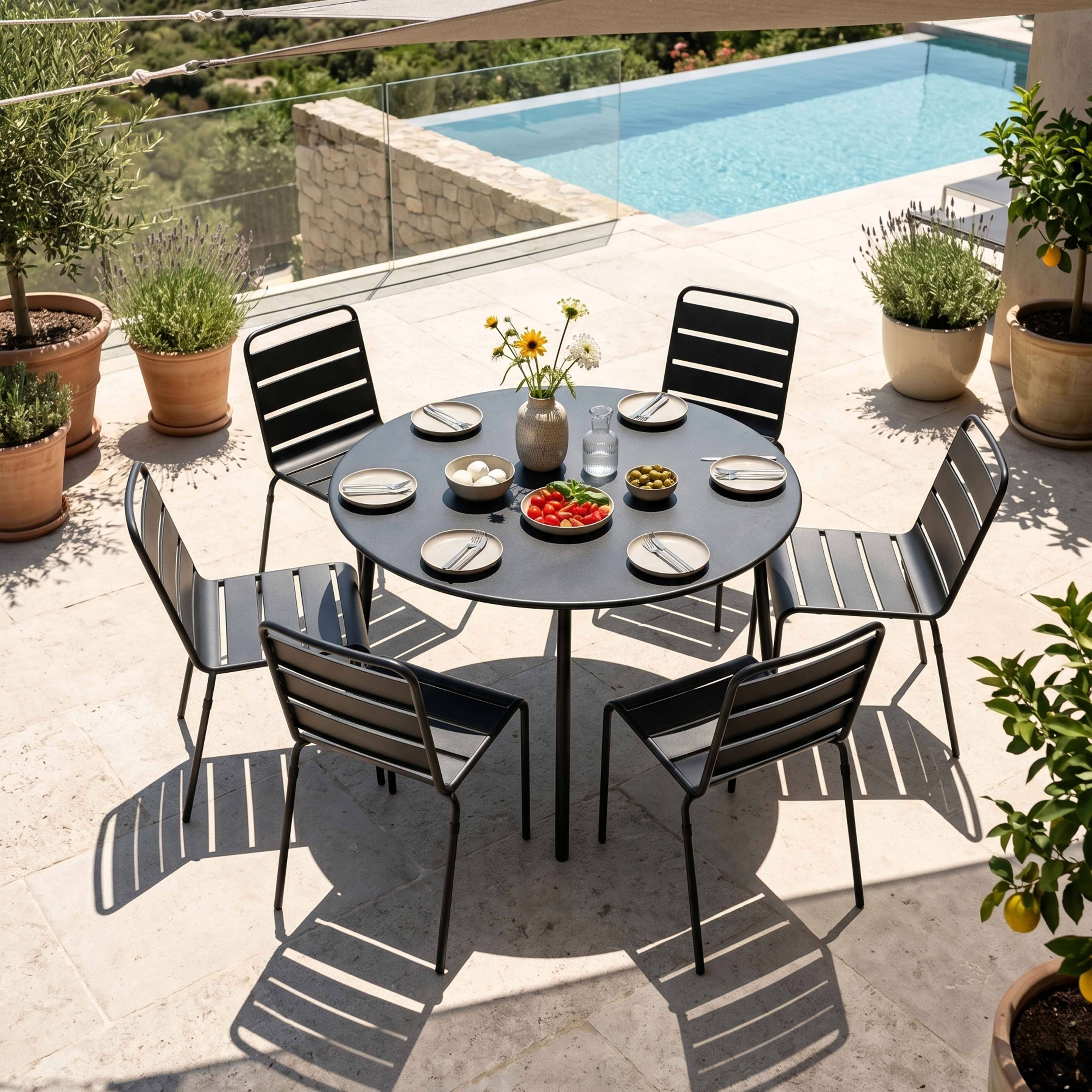 Oviala - Ensemble table de jardin ronde et 6 chaises en métal anthracite Palavas - Oviala - Imagen 2