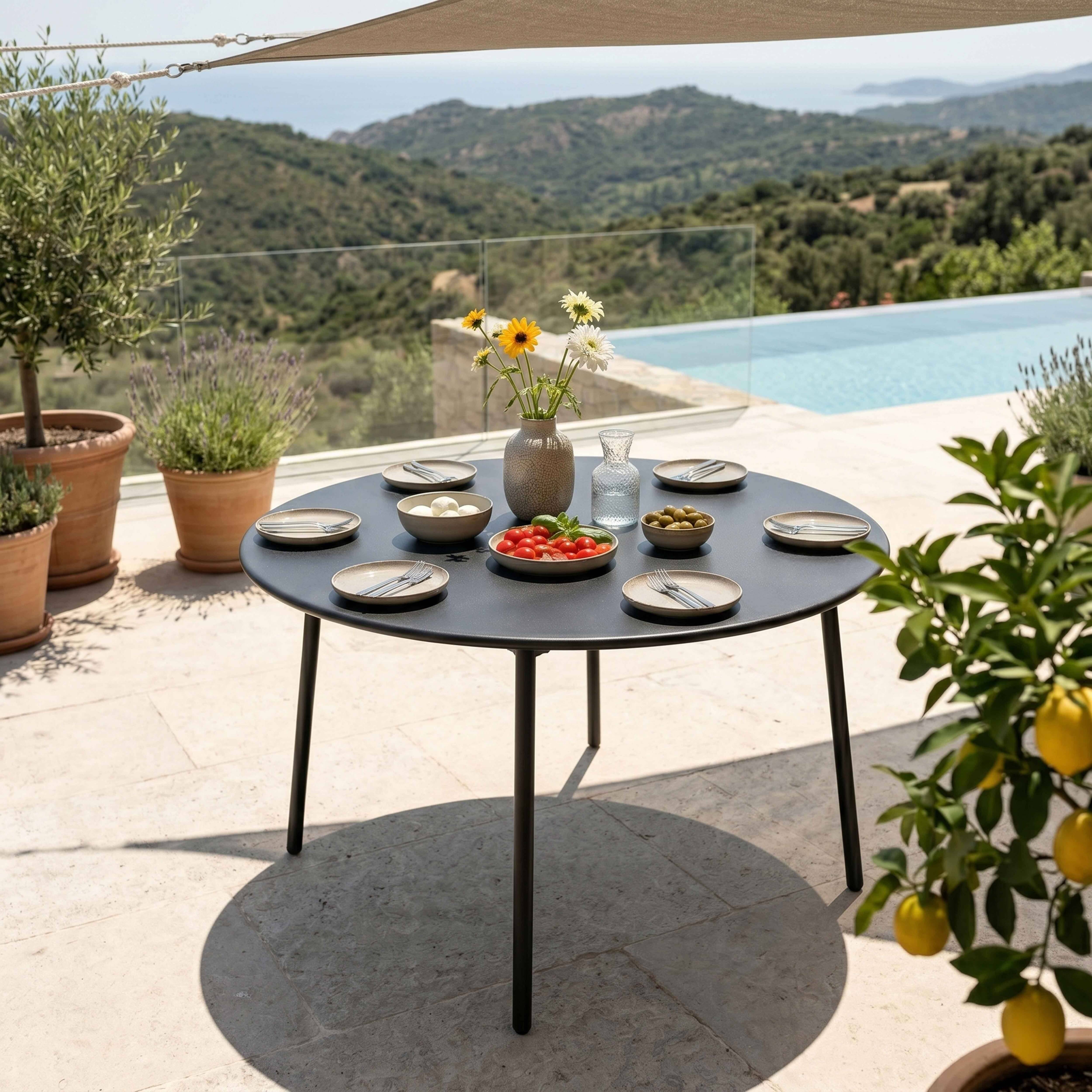 Oviala - Ensemble table de jardin ronde et 6 chaises en métal anthracite Palavas - Oviala - Imagen 3