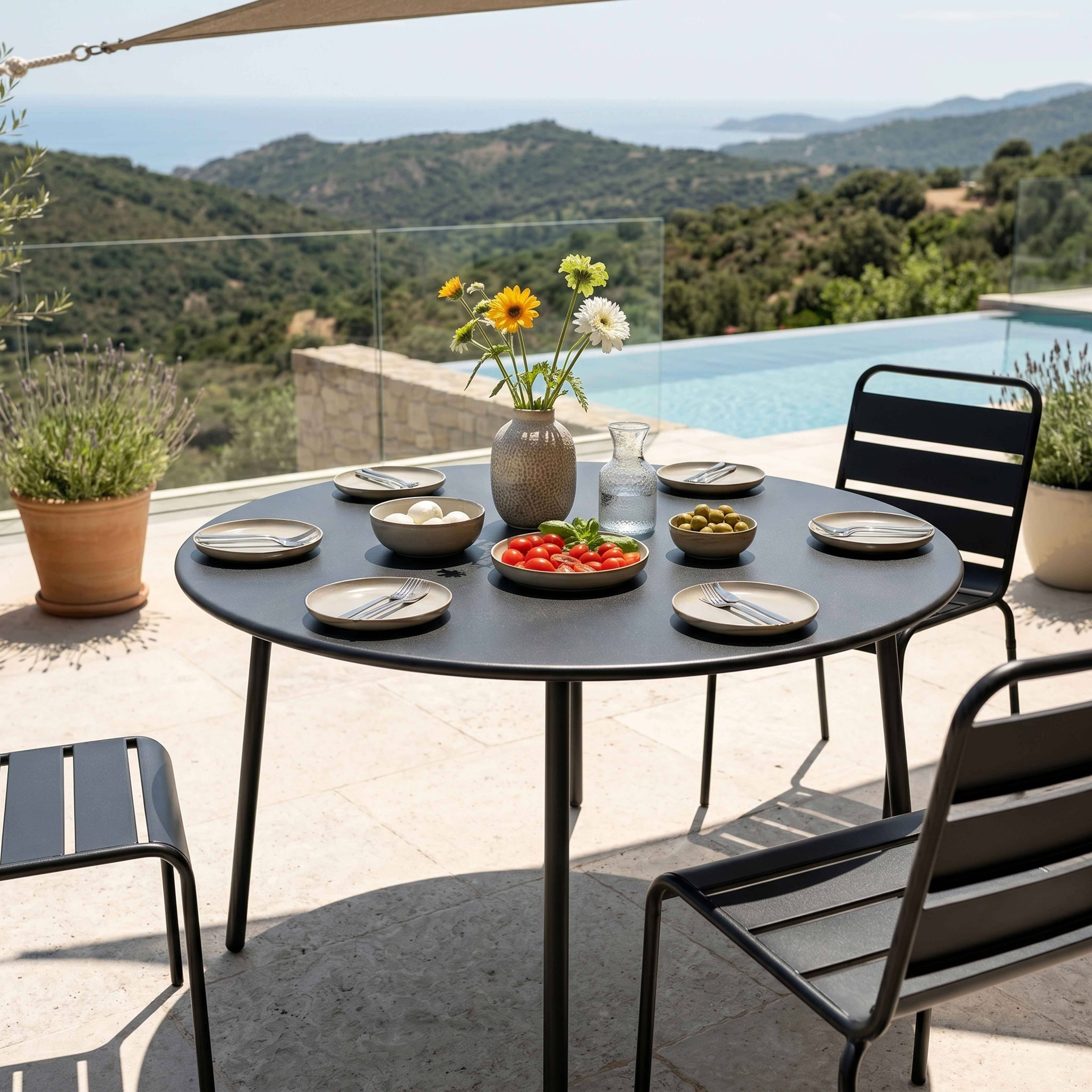 Oviala - Ensemble table de jardin ronde et 6 chaises en métal anthracite Palavas - Oviala - Imagen 4
