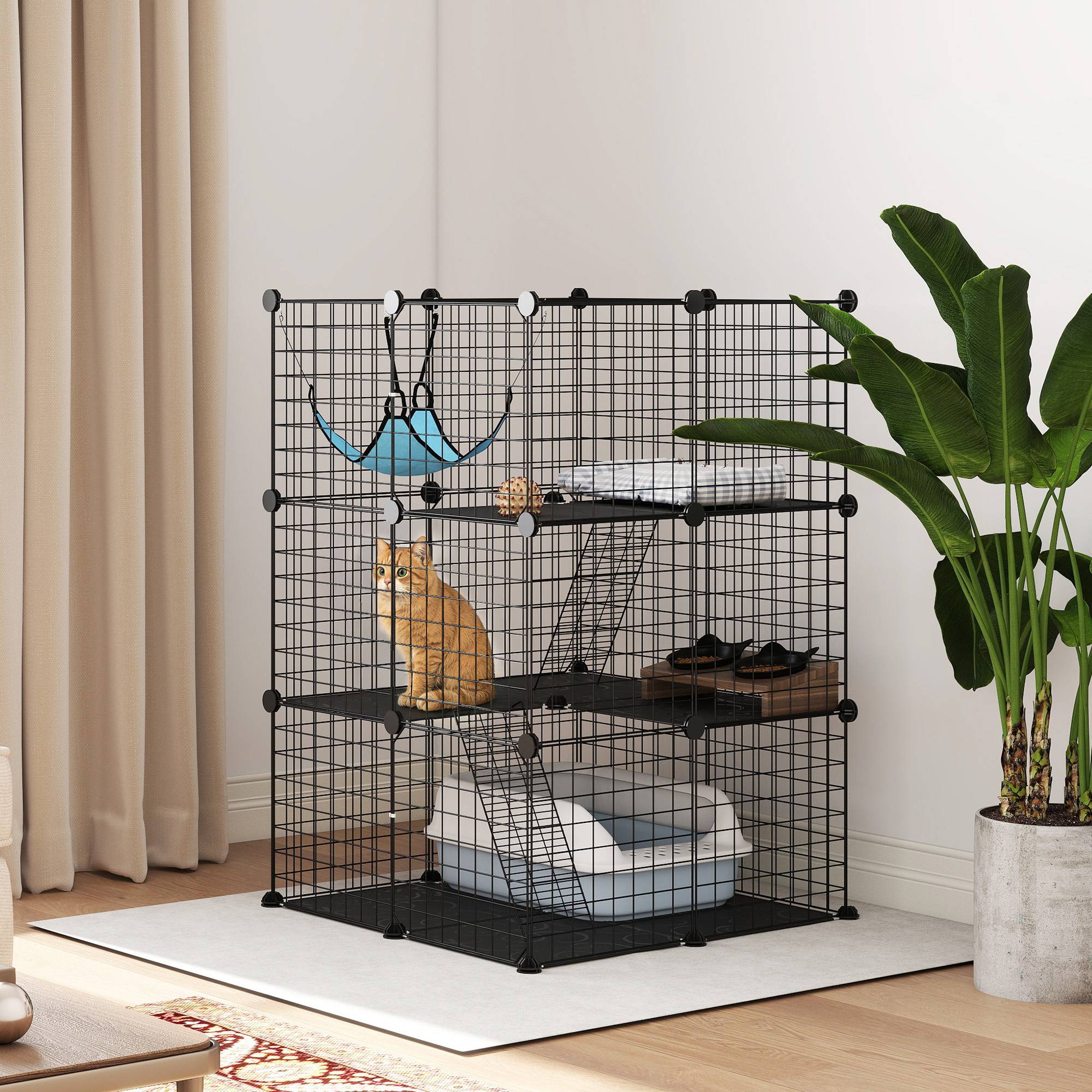 Sans Marque - Cage d'intérieur pour chat de 105 cm, enclos en acier avec 3 portes, design personnalisable pour chatons de moins de 4 kg - Image 4