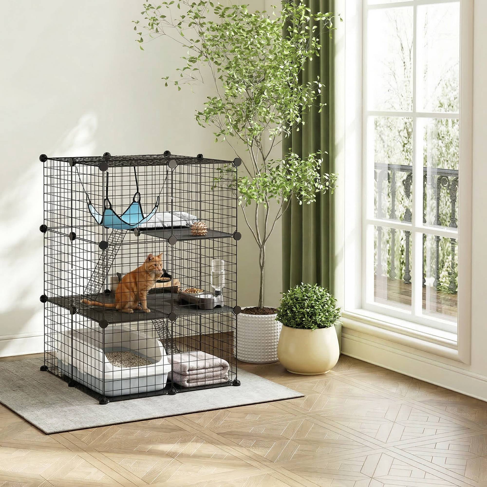 Sans Marque - Cage d'intérieur pour chat de 105 cm, enclos en acier avec 3 portes, design personnalisable pour chatons de moins de 4 kg - Image 3