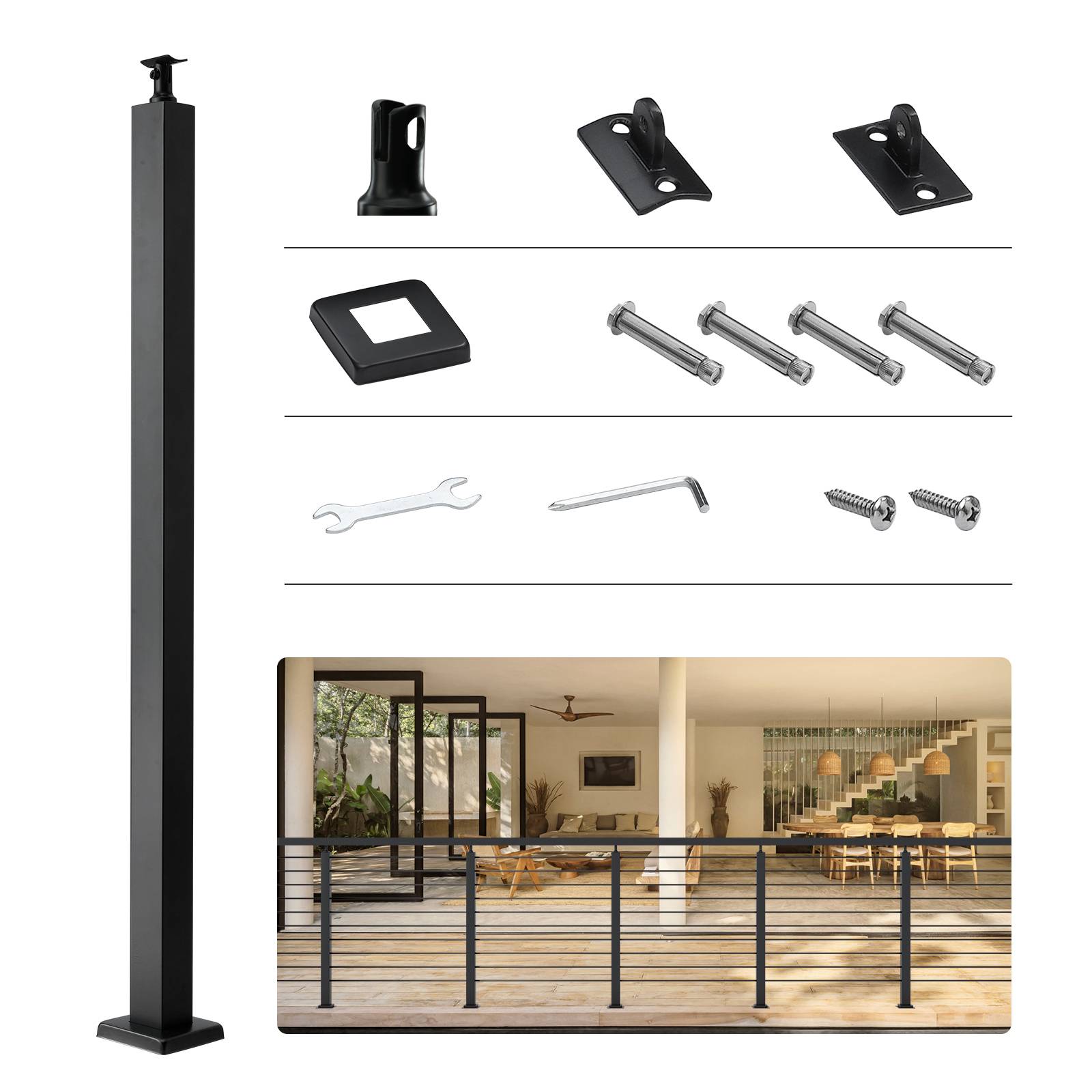 Poteau De Garde-corps VEVOR - 106.7x5x5 Cm, Noir, Acier Inox + Poudre, Pour Câble Rampe