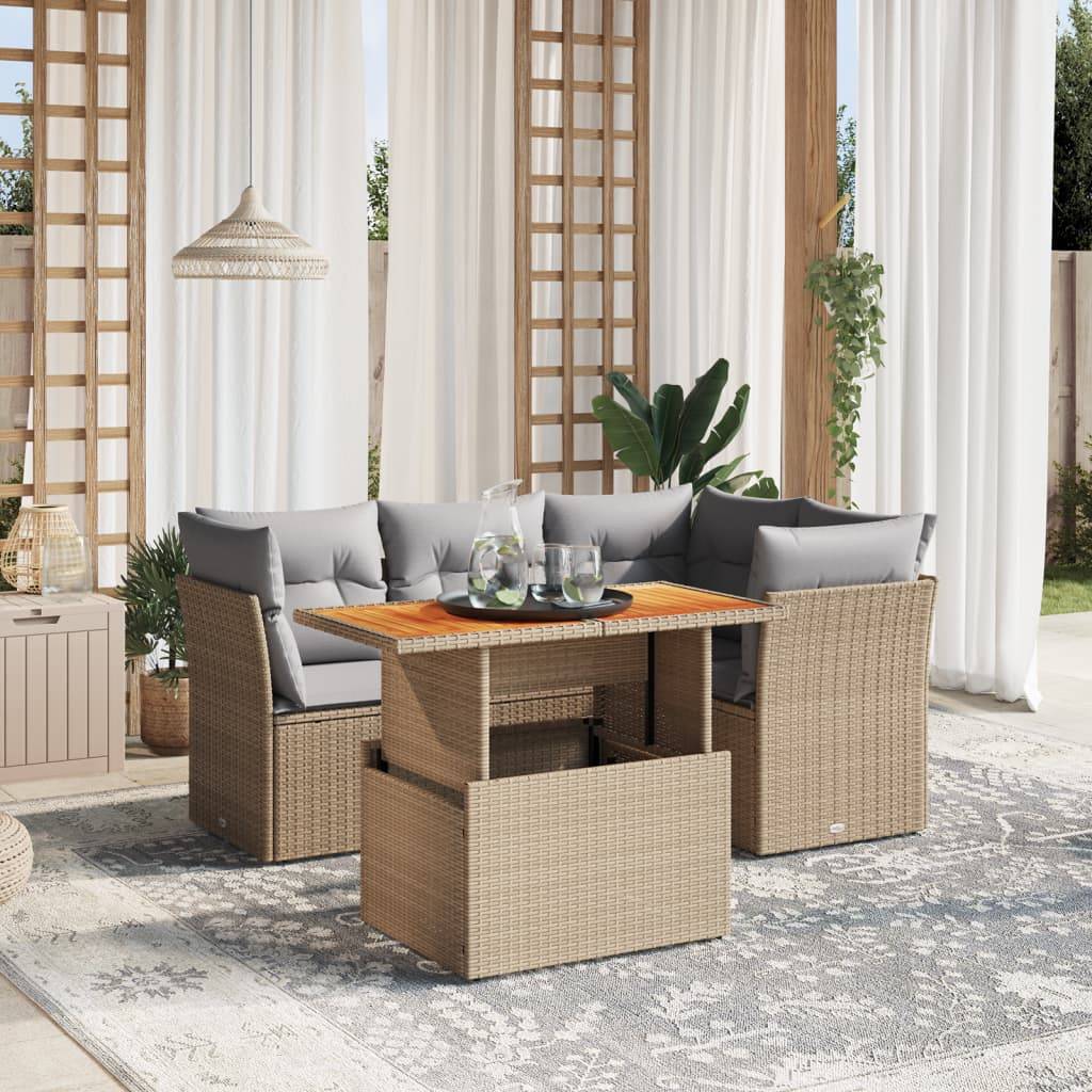 Salon de Jardin 5 pcs Beige Résine Tressée avec Table Ajustable et Plateau en Bois – ComfortXL Outdoor Living - Image 1