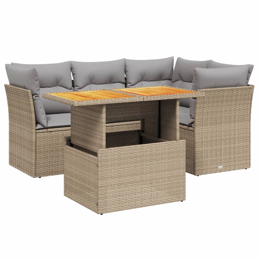 Salon de Jardin 5 pcs Beige Résine Tressée avec Table Ajustable et Plateau en Bois – ComfortXL Outdoor Living - Image 2