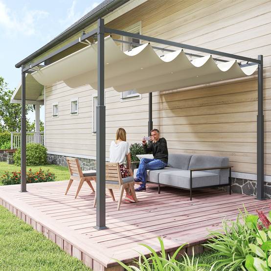 Pergola de jardin acier terrasse toit rétractable magnétique 3x3m crème - ComfortXL Outdoor Living - Image 3
