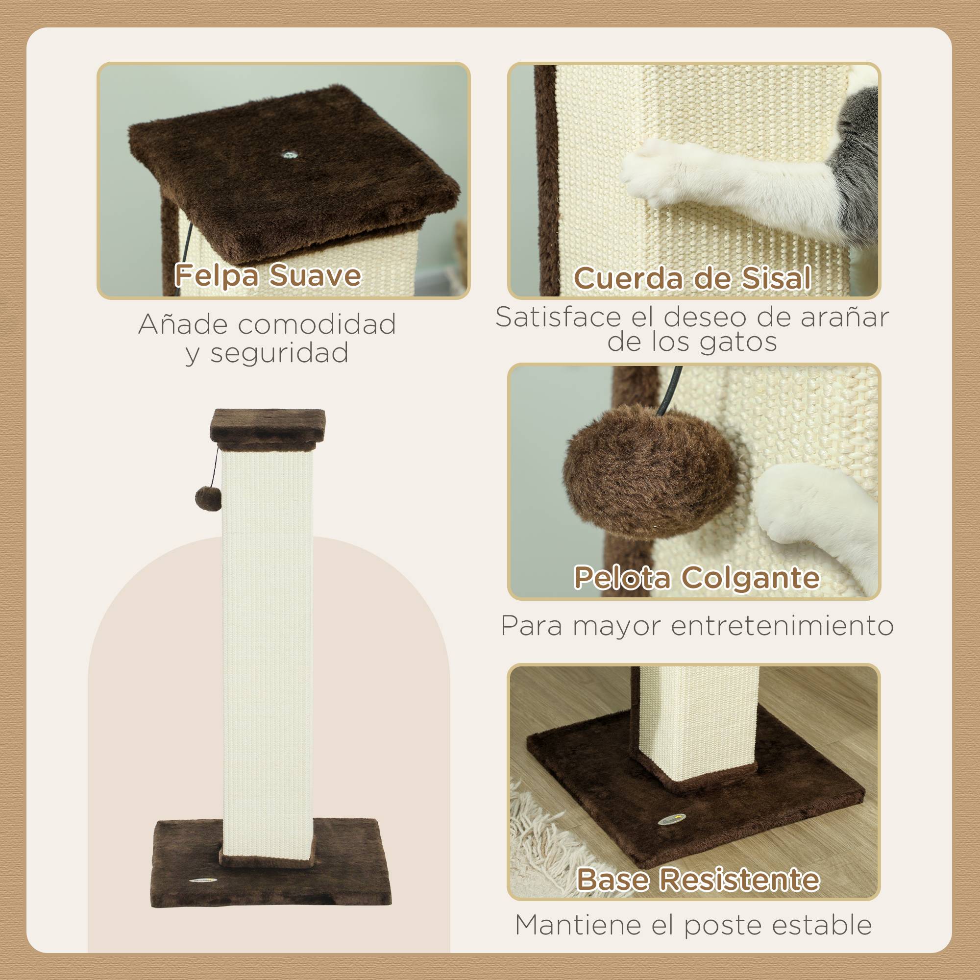 Poteau Griffoir Haut pour Chat 81 cm en Sisal avec Balle de Jeu et Base Stable Marron - ComfortXL Outdoor Living - Image 7