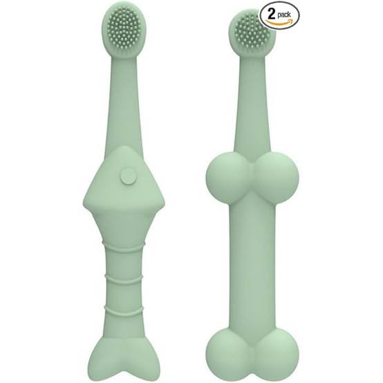 Lot De 2 Brosses À Dents Silicone Poisson Os Vert Pour Chiens Et Chats - Image 1