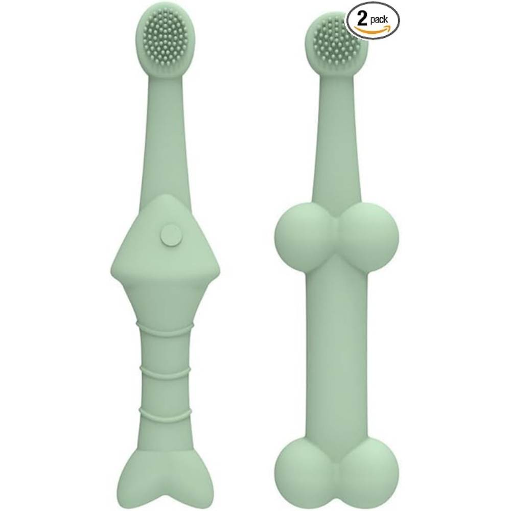 Lot De 2 Brosses À Dents Silicone Poisson Os Vert Pour Chiens Et Chats - Image 1