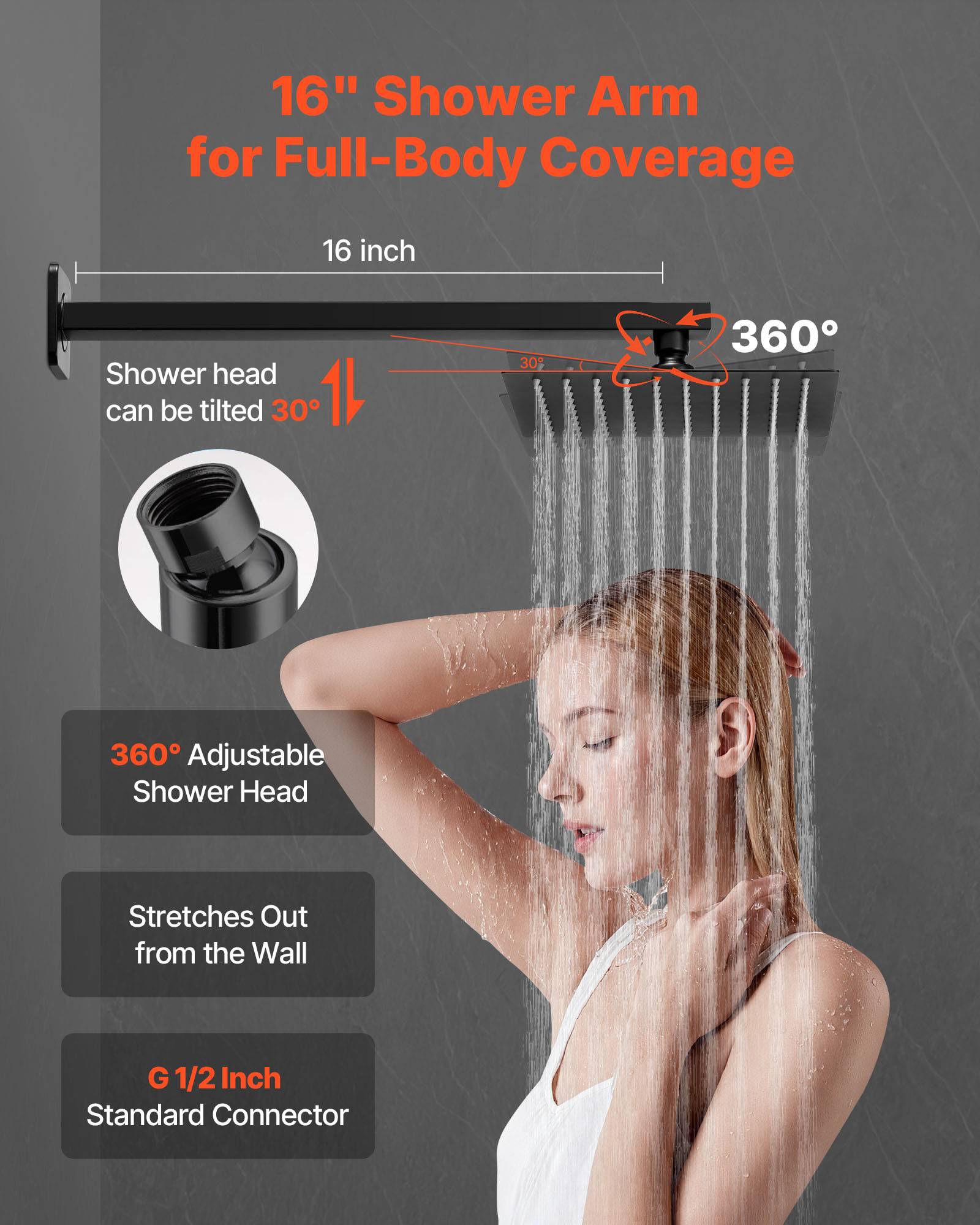 VEVOR Kit de Douche avec Douchette de Tête Carrée 20,3 cm et à Main Noir Mat - Image 4