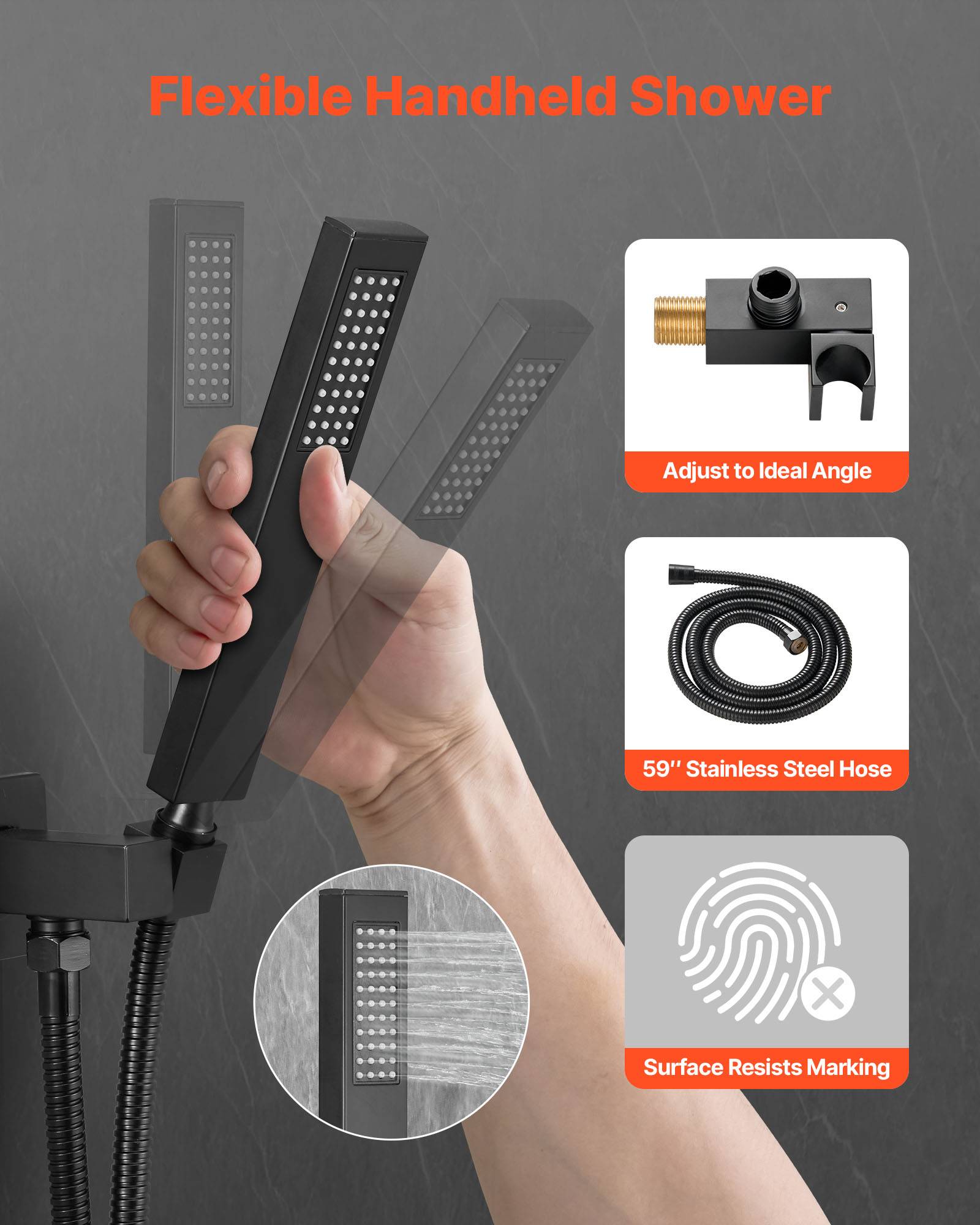 VEVOR Kit de Douche avec Douchette de Tête Carrée 20,3 cm et à Main Noir Mat - Image 3
