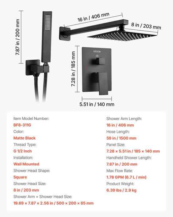 VEVOR Kit de Douche avec Douchette de Tête Carrée 20,3 cm et à Main Noir Mat - Image 7
