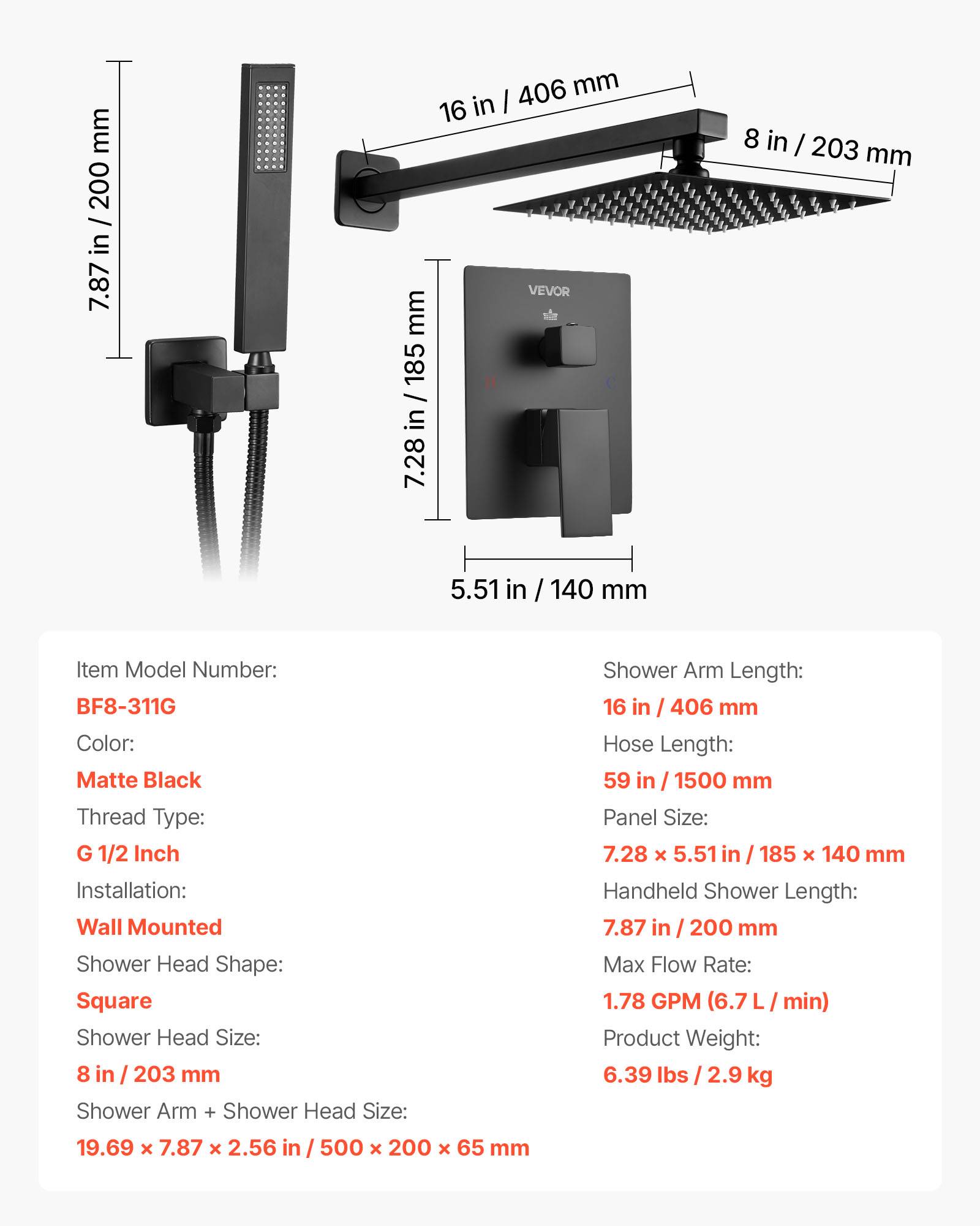 VEVOR Kit de Douche avec Douchette de Tête Carrée 20,3 cm et à Main Noir Mat - Image 7