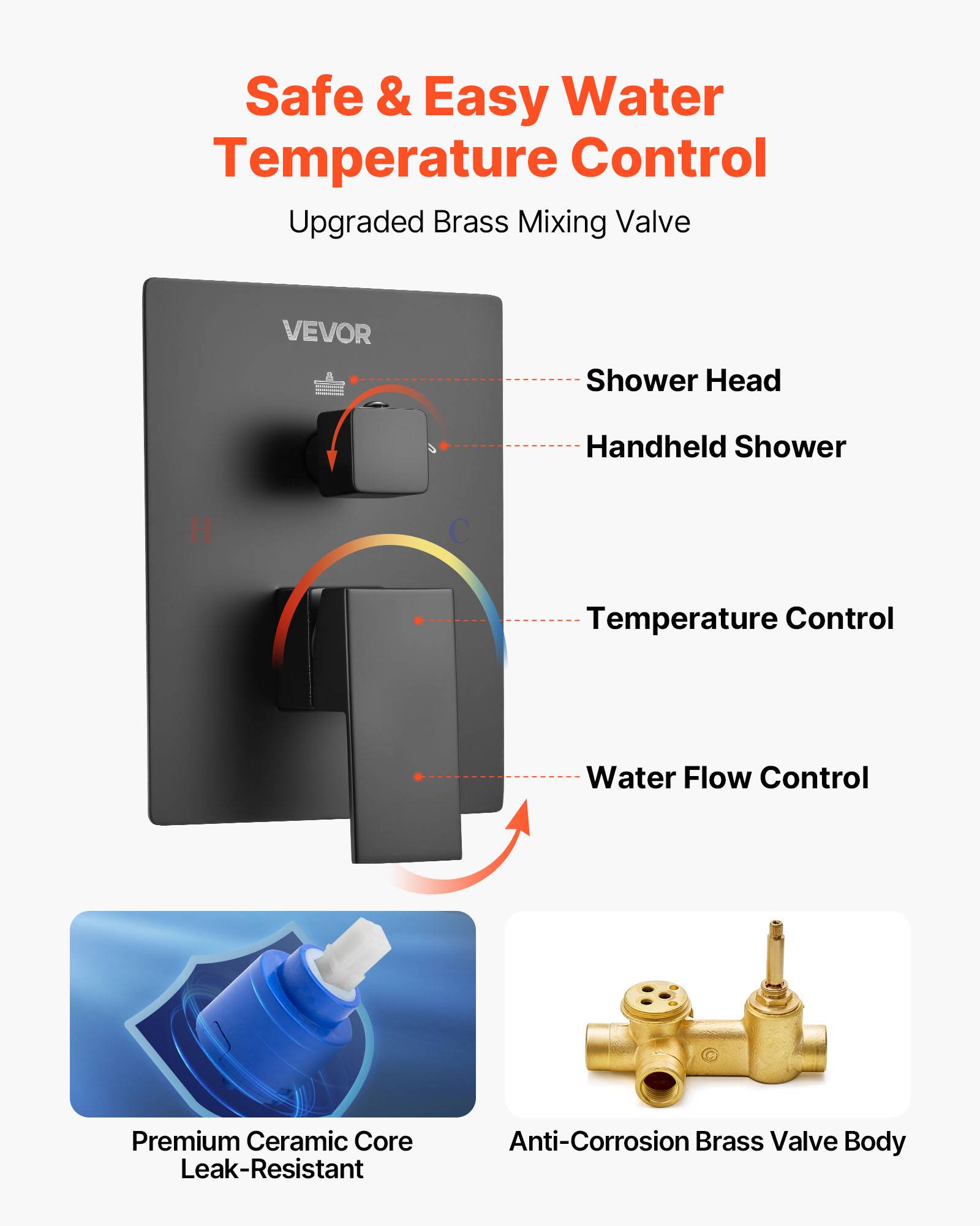 VEVOR Kit de Douche avec Douchette de Tête Carrée 20,3 cm et à Main Noir Mat - Image 5