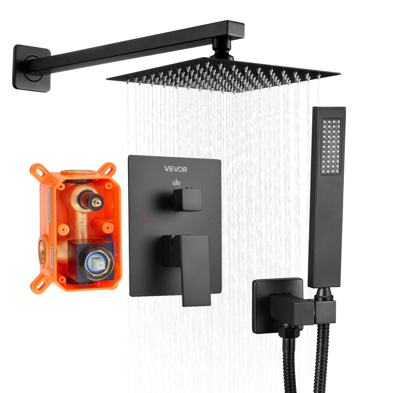 VEVOR Kit de Douche avec Douchette de Tête Carrée 20,3 cm et à Main Noir Mat - Image 1
