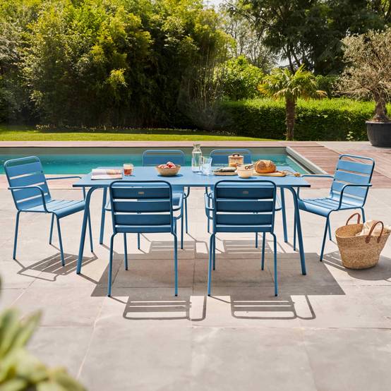 Oviala - Ensemble table de jardin et 6 fauteuils en métal bleu pacific Palavas - Oviala - Image 2