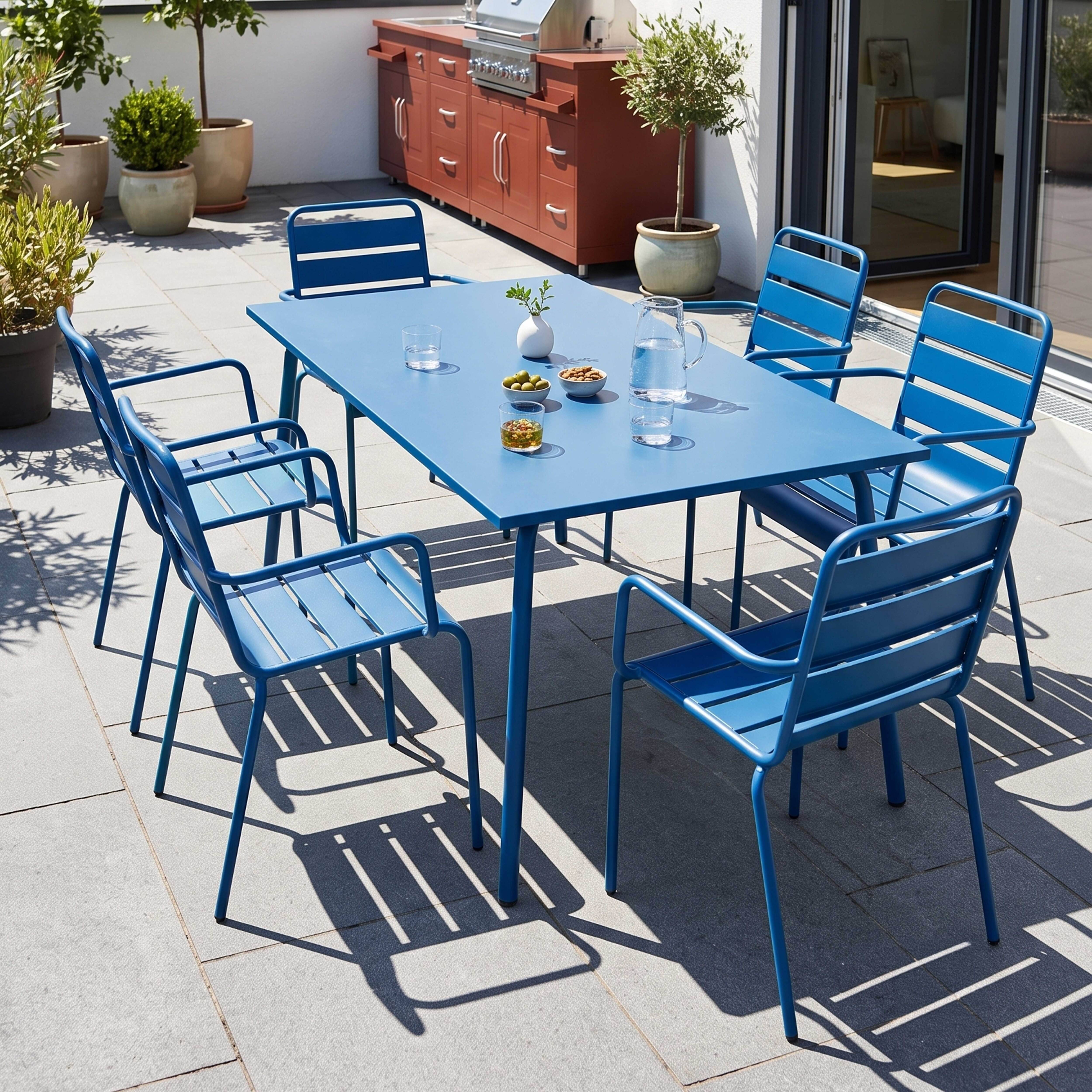 Oviala - Ensemble table de jardin et 6 fauteuils en métal bleu pacific Palavas - Oviala - Imagen 2