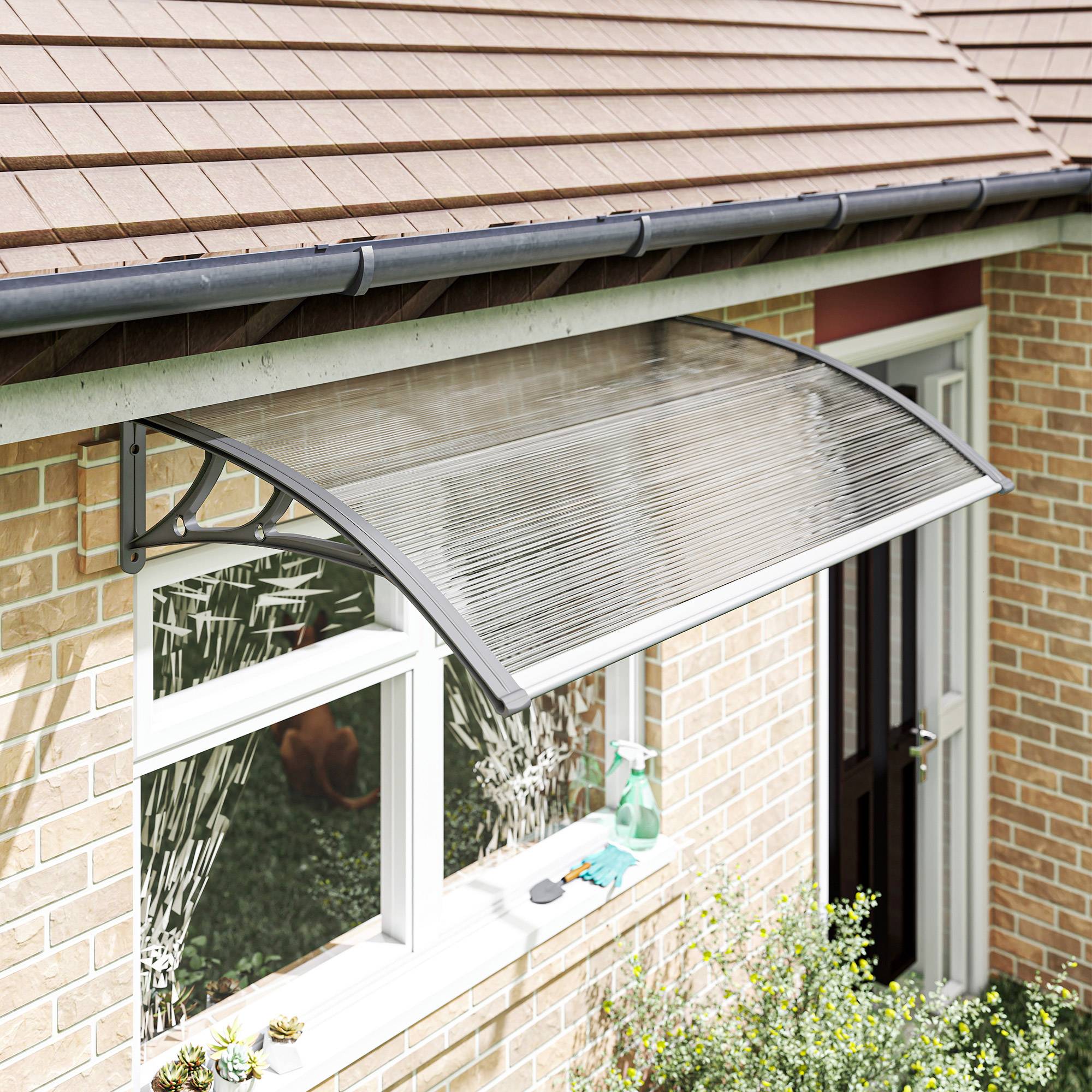 Auvent de porte polycarbonate transparent entrée protection pluie 110x60cm gris - ComfortXL Outdoor Living - Image 4