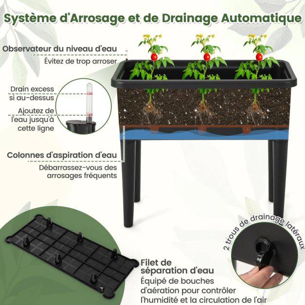 Helloshop26 - Jardinière surélevée à arrosage automatique avec treillis lit de jardin avec indicateur de niveau d'eau trou de drainage pour fleurs légumes noir - Imagen 4