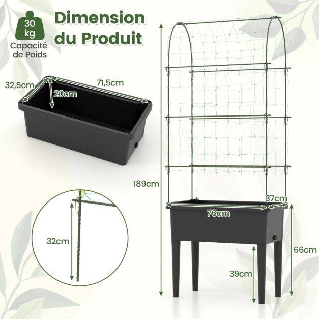Helloshop26 - Jardinière surélevée à arrosage automatique avec treillis lit de jardin avec indicateur de niveau d'eau trou de drainage pour fleurs légumes noir - Imagen 5