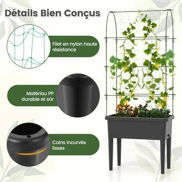 Helloshop26 - Jardinière surélevée à arrosage automatique avec treillis lit de jardin avec indicateur de niveau d'eau trou de drainage pour fleurs légumes noir - Imagen 3