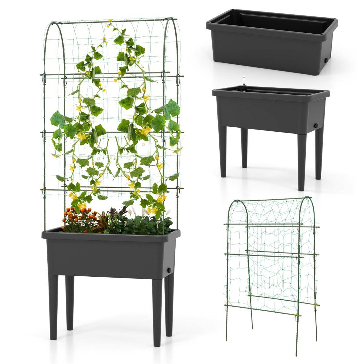 Helloshop26 - Jardinière surélevée à arrosage automatique avec treillis lit de jardin avec indicateur de niveau d'eau trou de drainage pour fleurs légumes noir - Imagen 1