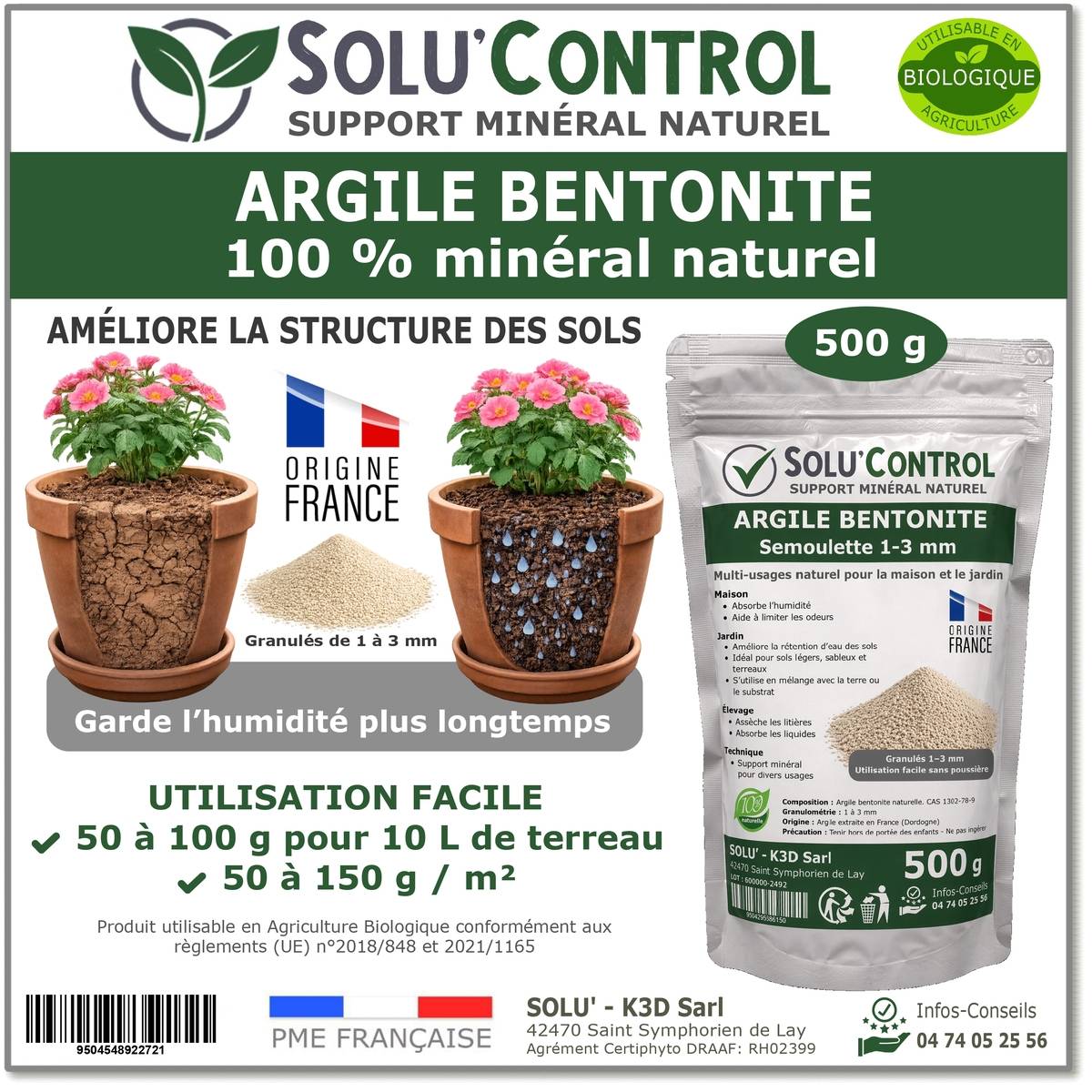 SOLU'CONTROL Argile Bentonite Naturelle 500 g – Support Minéral Jardin – Améliore la Rétention en Eau des Sols et Terreaux – UAB