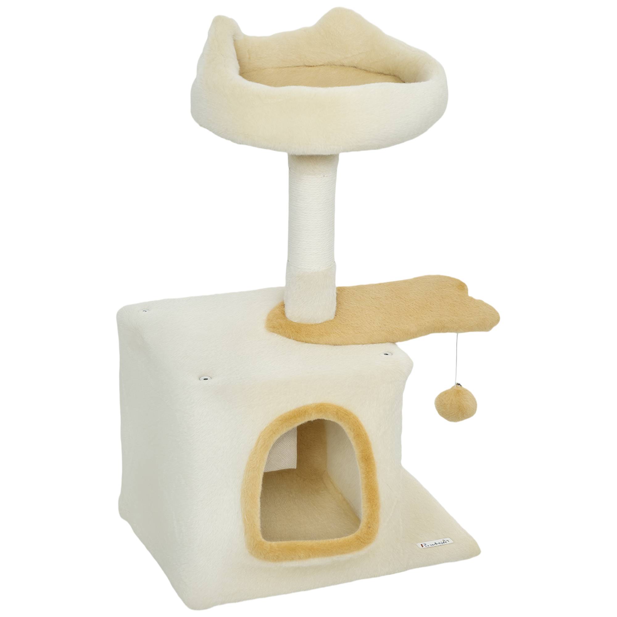 Arbre à chat avec perchoir et niche, en bois, peluche et sisal, 40 x 30 x 72 cm, beige et jaune - Image 2