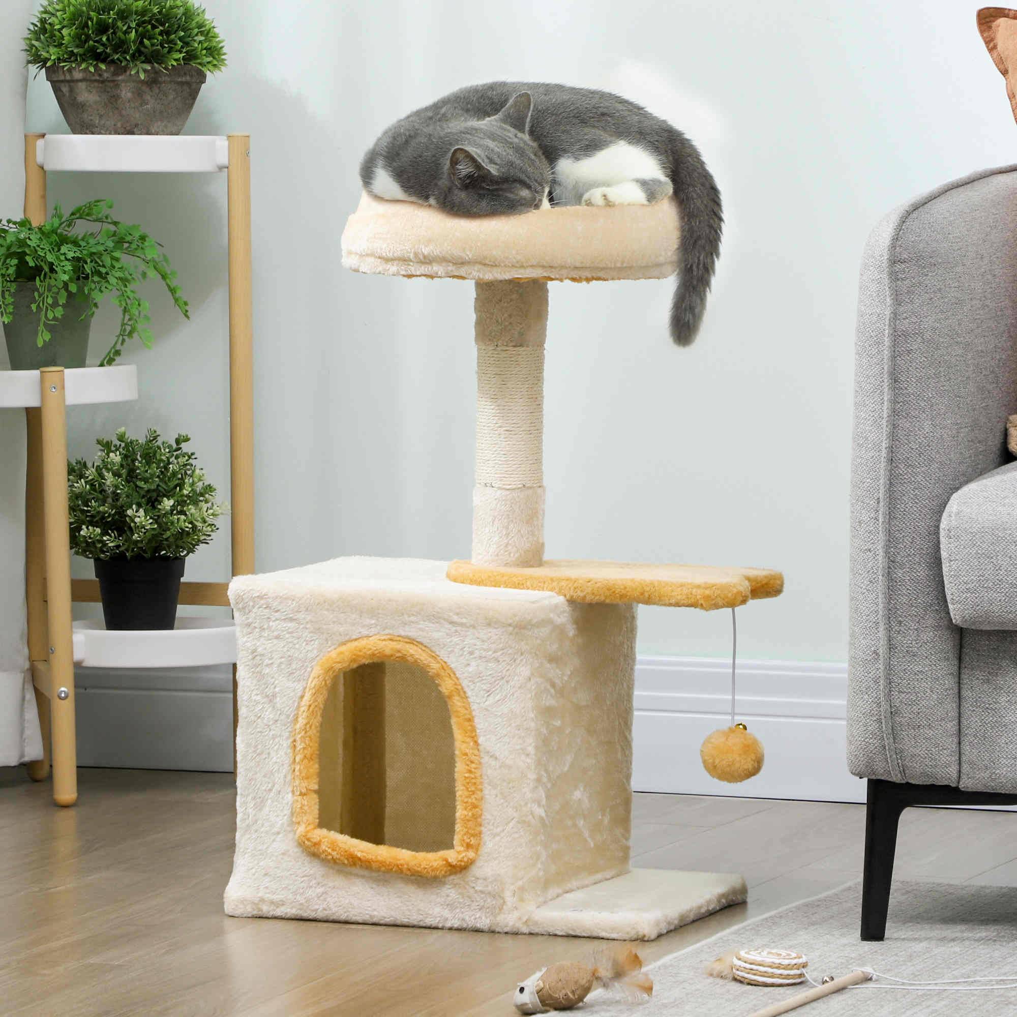 Arbre à chat avec perchoir et niche, en bois, peluche et sisal, 40 x 30 x 72 cm, beige et jaune - Image 3