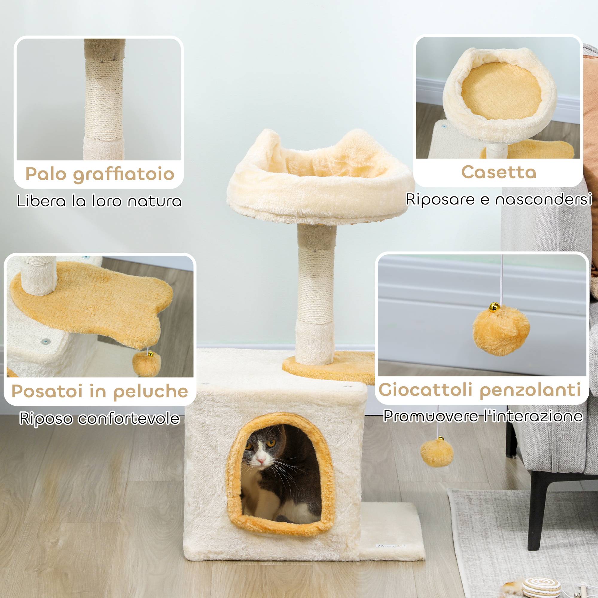 Arbre à chat avec perchoir et niche, en bois, peluche et sisal, 40 x 30 x 72 cm, beige et jaune - Image 7