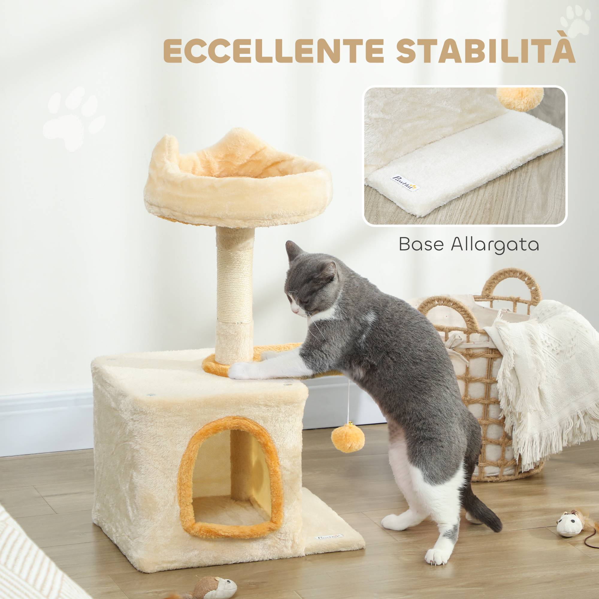 Arbre à chat avec perchoir et niche, en bois, peluche et sisal, 40 x 30 x 72 cm, beige et jaune - Image 8