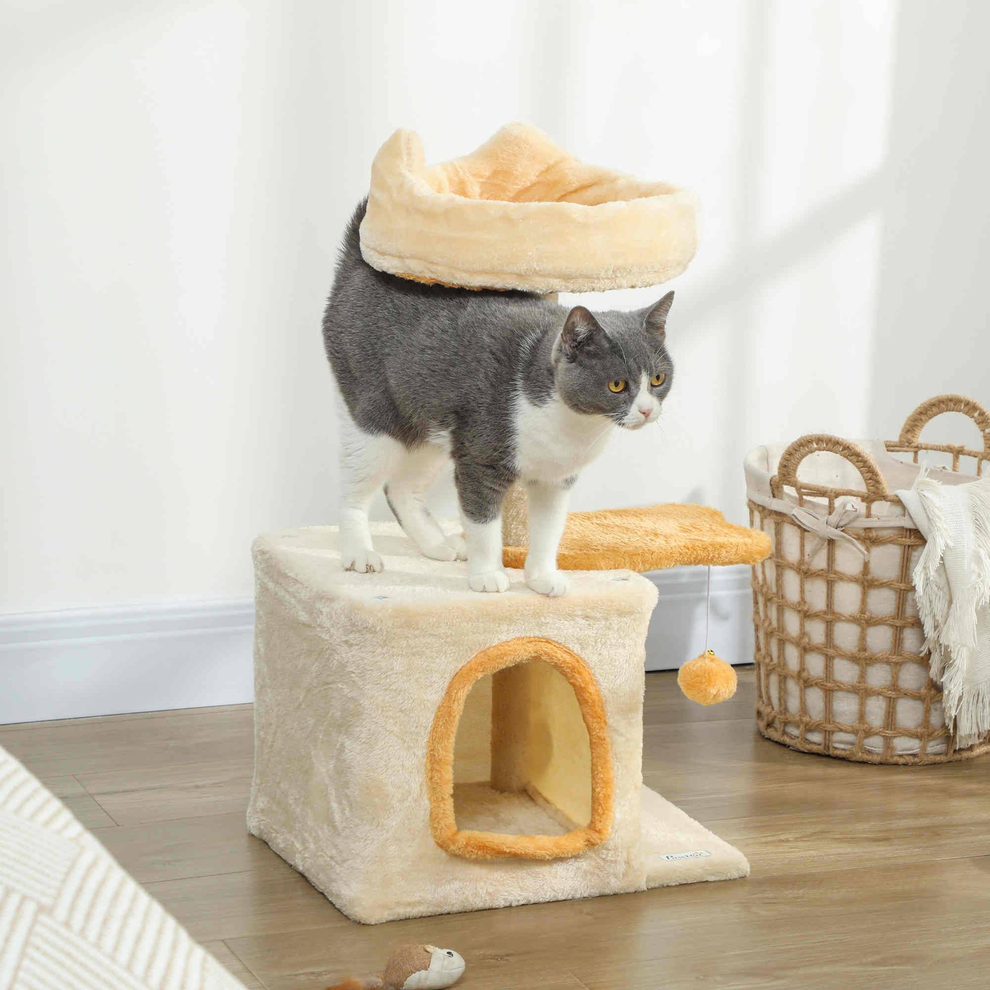 Arbre à chat avec perchoir et niche, en bois, peluche et sisal, 40 x 30 x 72 cm, beige et jaune - Image 4