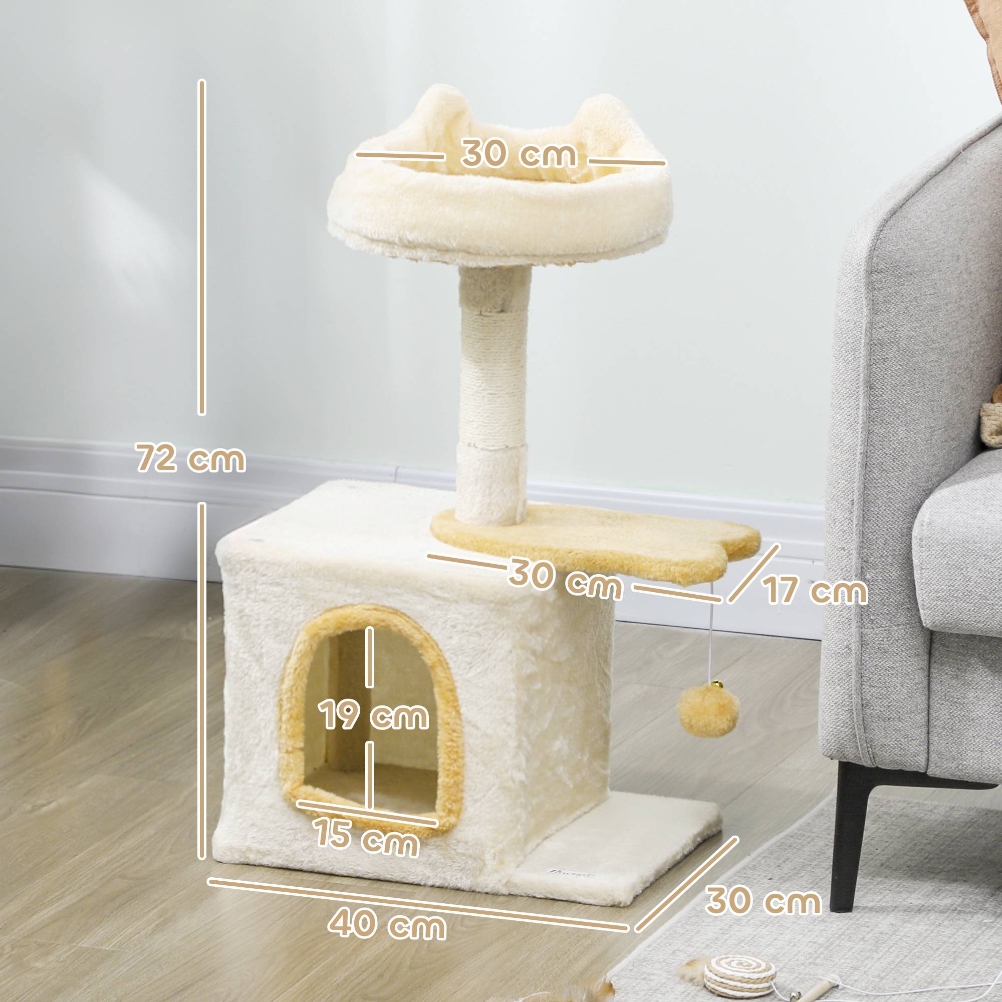 Arbre à chat avec perchoir et niche, en bois, peluche et sisal, 40 x 30 x 72 cm, beige et jaune - Image 5