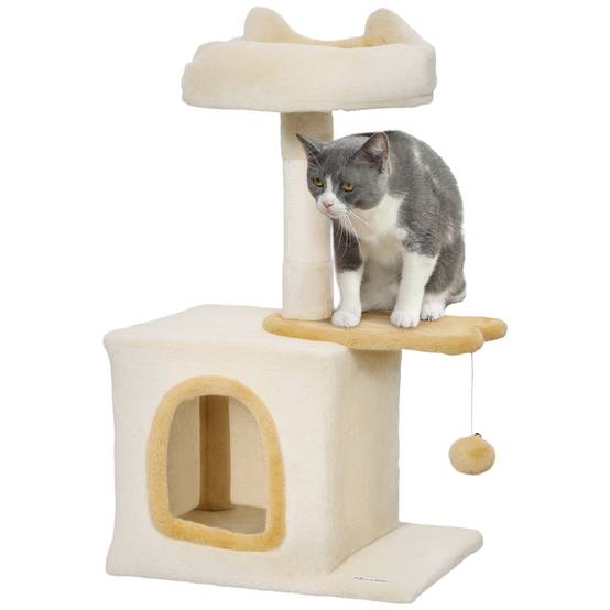 Arbre à chat avec perchoir et niche, en bois, peluche et sisal, 40 x 30 x 72 cm, beige et jaune - Image 1