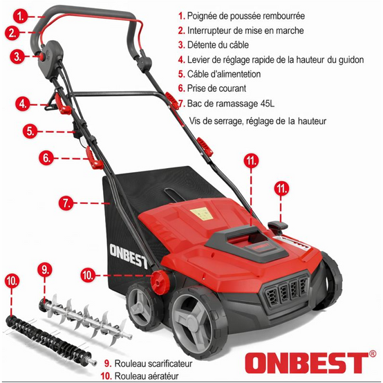 Scarificateur Aérateur de pelouse électrique 2 en 1 1800 watts Largeur travail 38cm - Image 2