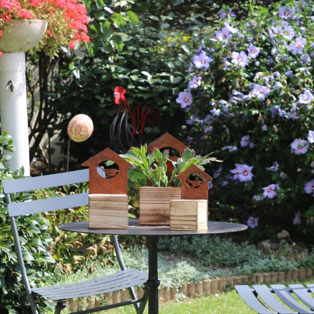 Set3 jardinières extérieures jardin bois métal marron 20-25-30cm Chemin de campagne - Imagen 5