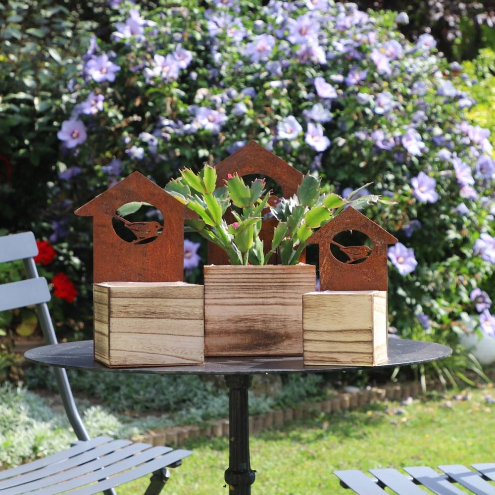 Set3 jardinières extérieures jardin bois métal marron 20-25-30cm Chemin de campagne - Imagen 2