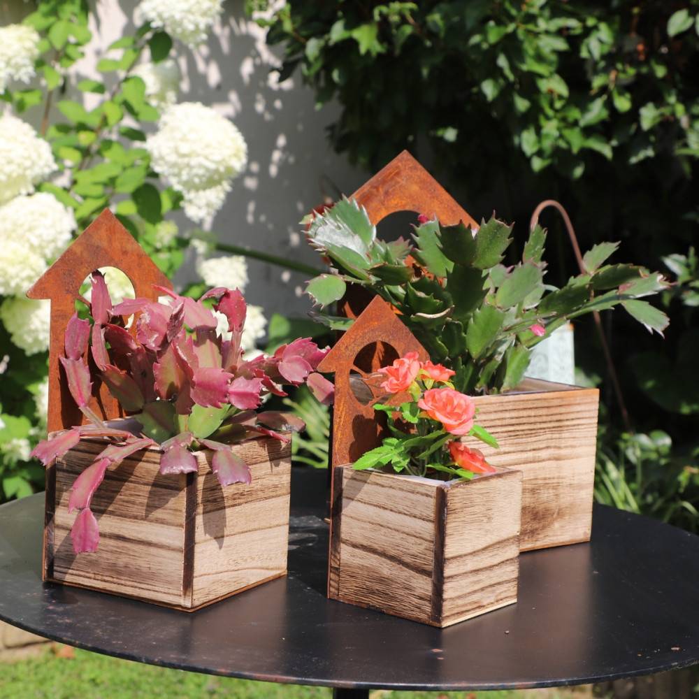 Set3 jardinières extérieures jardin bois métal marron 20-25-30cm Chemin de campagne - Imagen 3