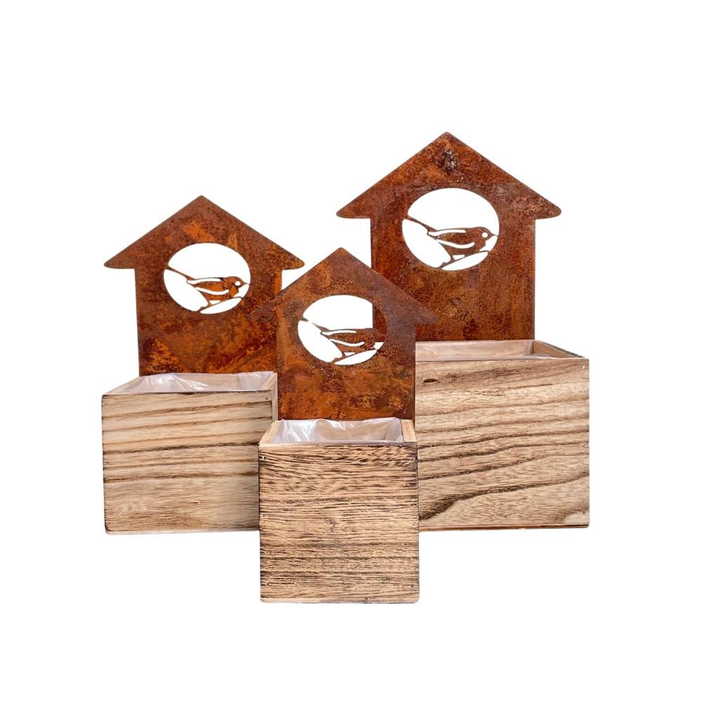 Set3 jardinières extérieures jardin bois métal marron 20-25-30cm Chemin de campagne - Imagen 1