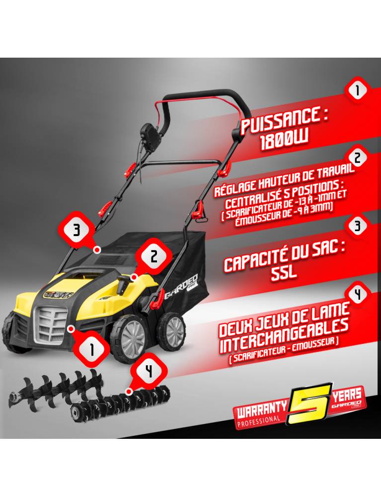 Gardeo Pro - Scarificateur émousseur électrique 2 en 1 pour pelouse - 1800w - 40cm - GARDEO PRO - Image 2