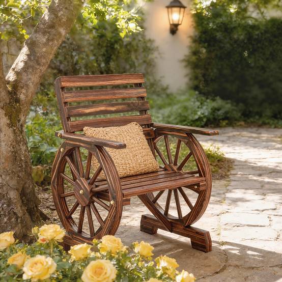 Fauteuil de jardin en bois style campagne avec design roues de chariot, bois carbonisé, élégant et pratique - Image 9